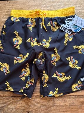 Large 10/12 Boys Neff Black Swim Trunks with Yellow Duck Print